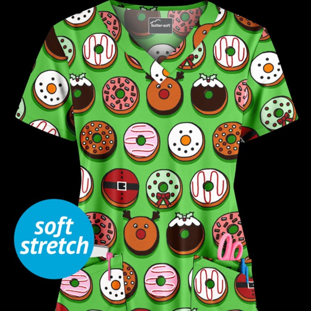 Christmas Donuts Women's 4-Pocket Rounded V-Neck Print Scrub Top Small NWT